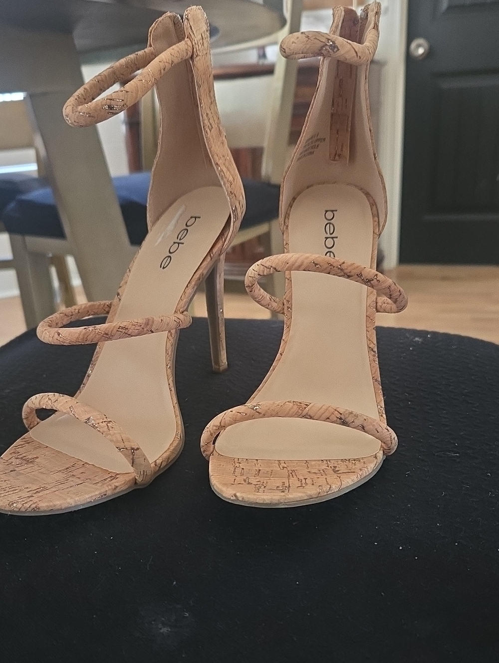 bebe Cork-Textured Strappy High Heel Sandals in Natural Tan